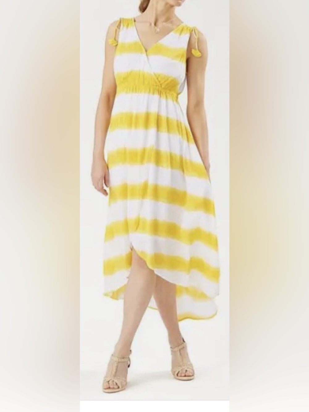 Tommy Bahama Yellow and White Striped Tie-Shoulder High-Low Dress, size Medium
